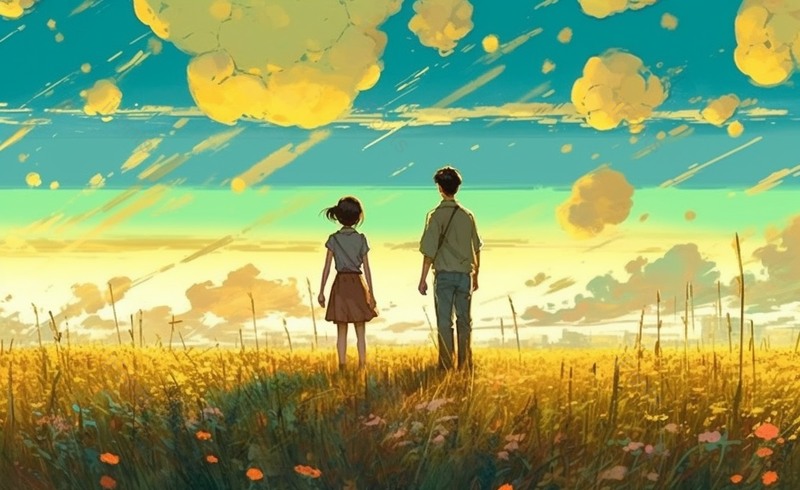 唯美郊外浪漫情侣情人节手绘原创插画花丛站立眺望远方,插画/手绘图,插画/手绘图库,插画/手绘图下载,插画/手绘